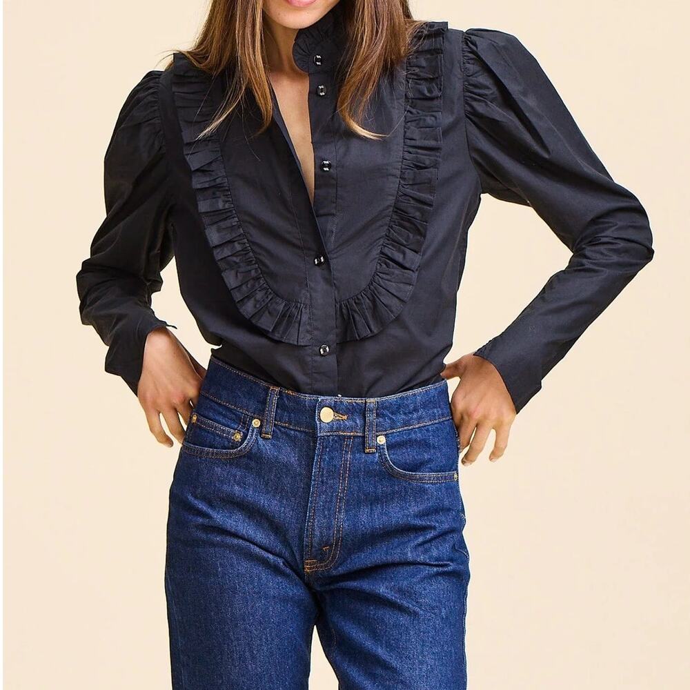 Mille Jolie Top Black Cotton Poplin Blouse Ruffled Bib Button Front Women's XS